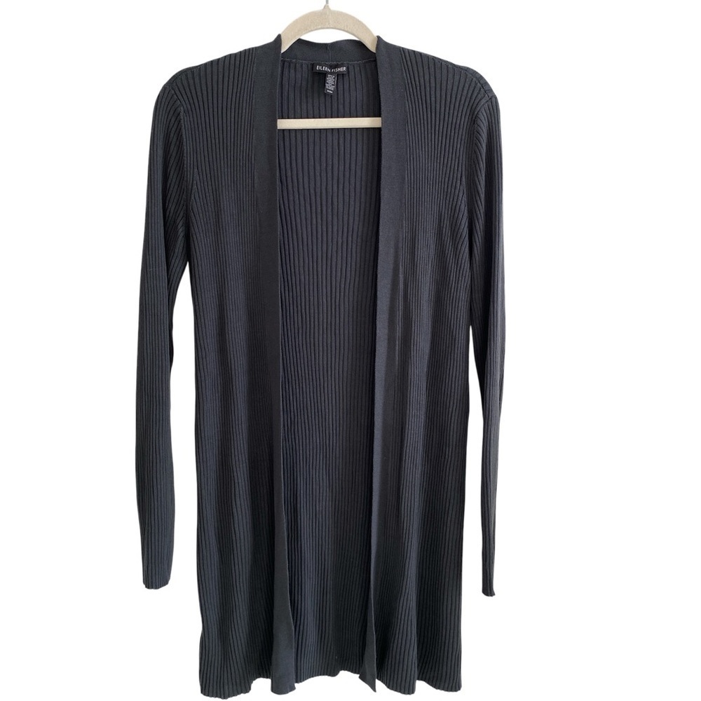 EILEEN FISHER 100% Tencel Dark Gray Ribbed Cardigan Size M